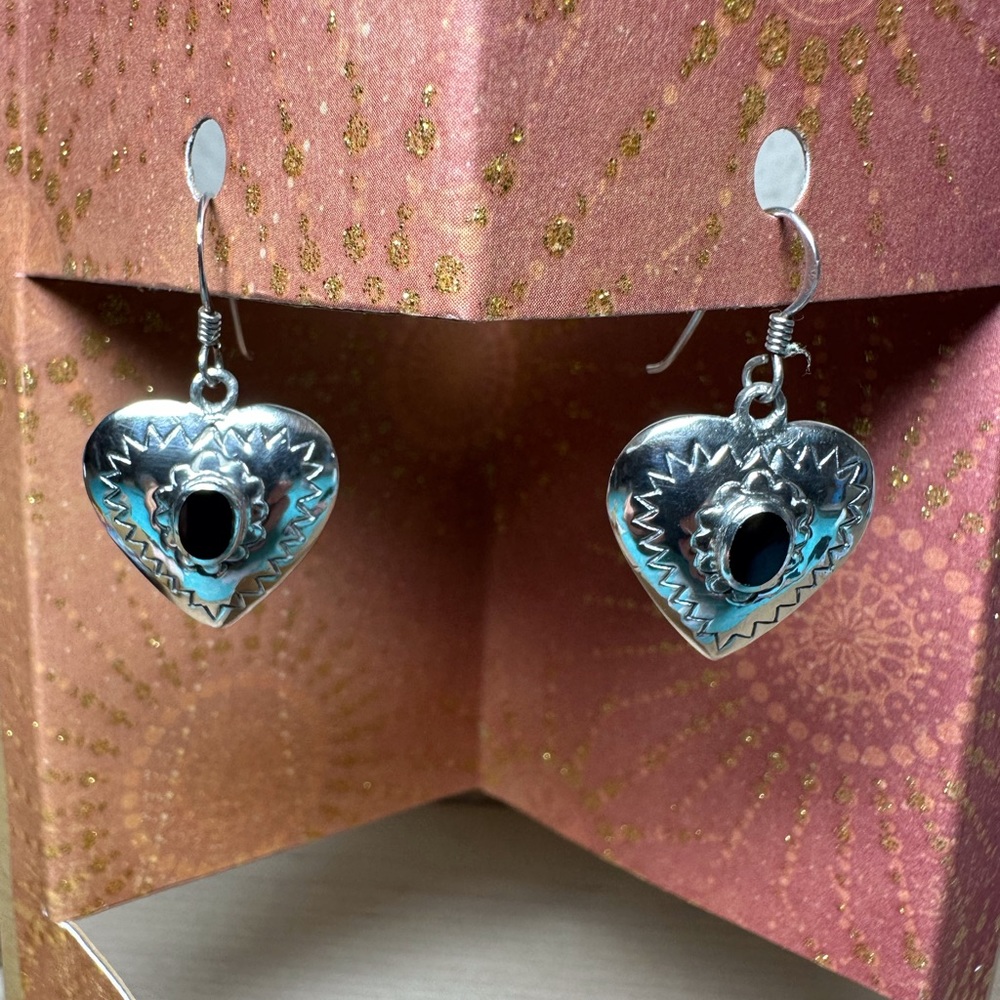 Sterling Silver Heart Earrings With Black Stone